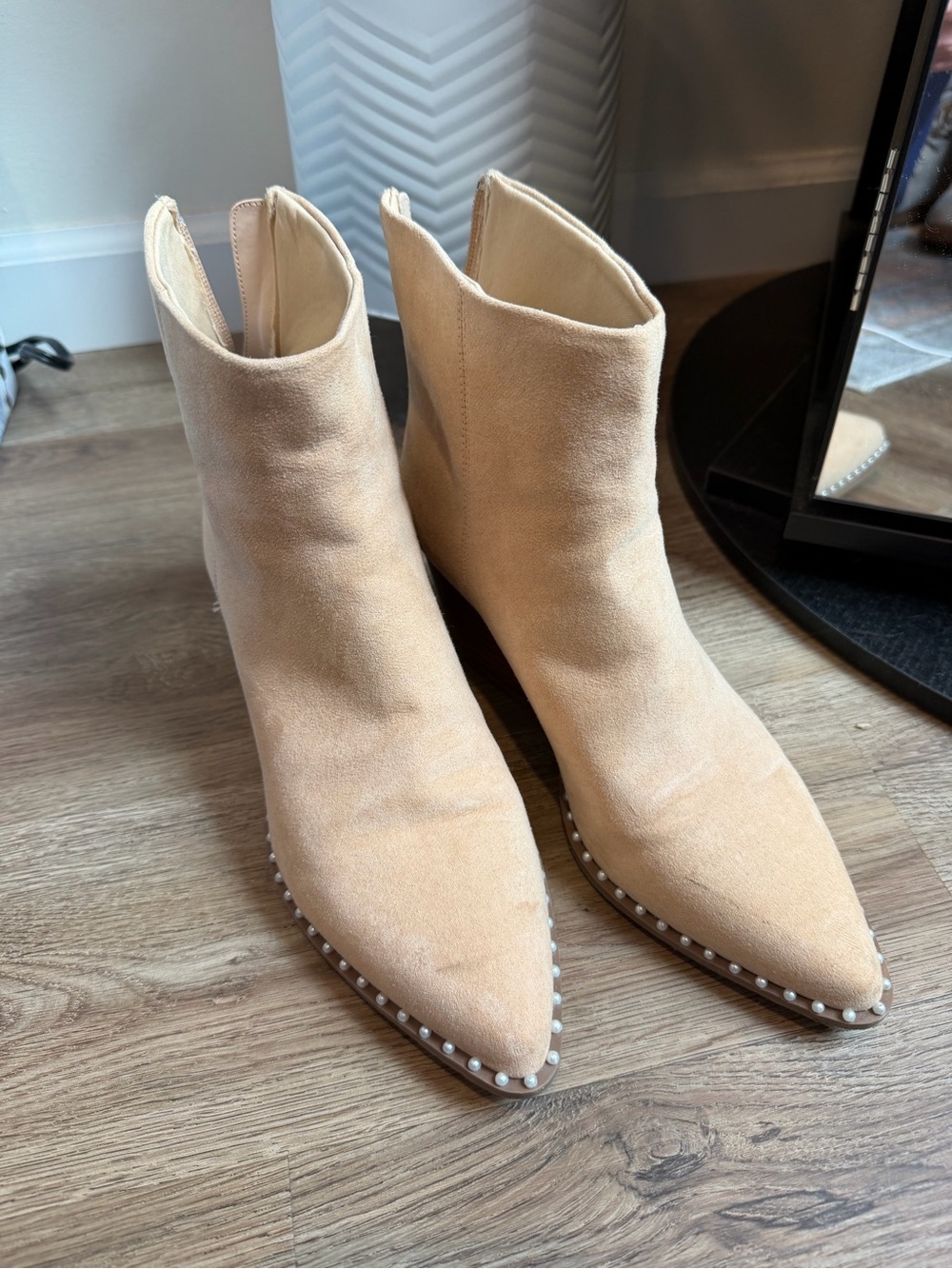 Women's Beige Suede Pointed Ankle Boots with Stud Detail